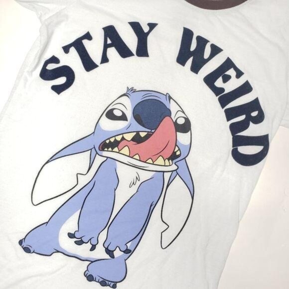 Disney "Stay Weird" Lelo and Stitch Graphic Tee size S navy trim white tee shirt - Picture 5 of 6
